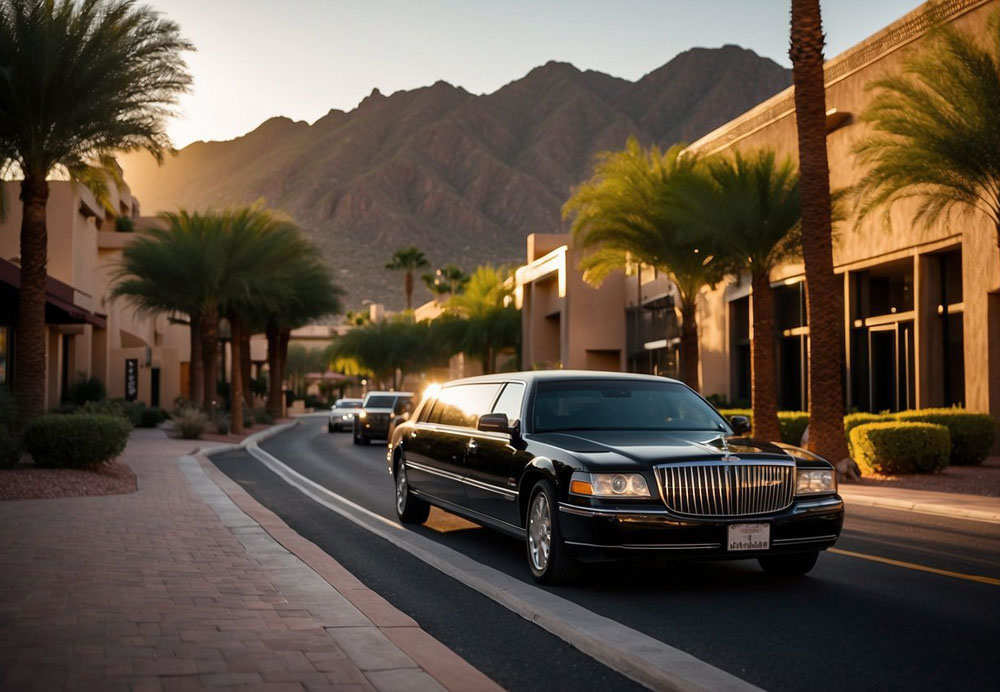 A sleek black limousine glides through the palm-lined streets of Scottsdale, Arizona, passing by upscale shops and luxury resorts. The sun sets behind the mountains, casting a warm glow over the desert oasis